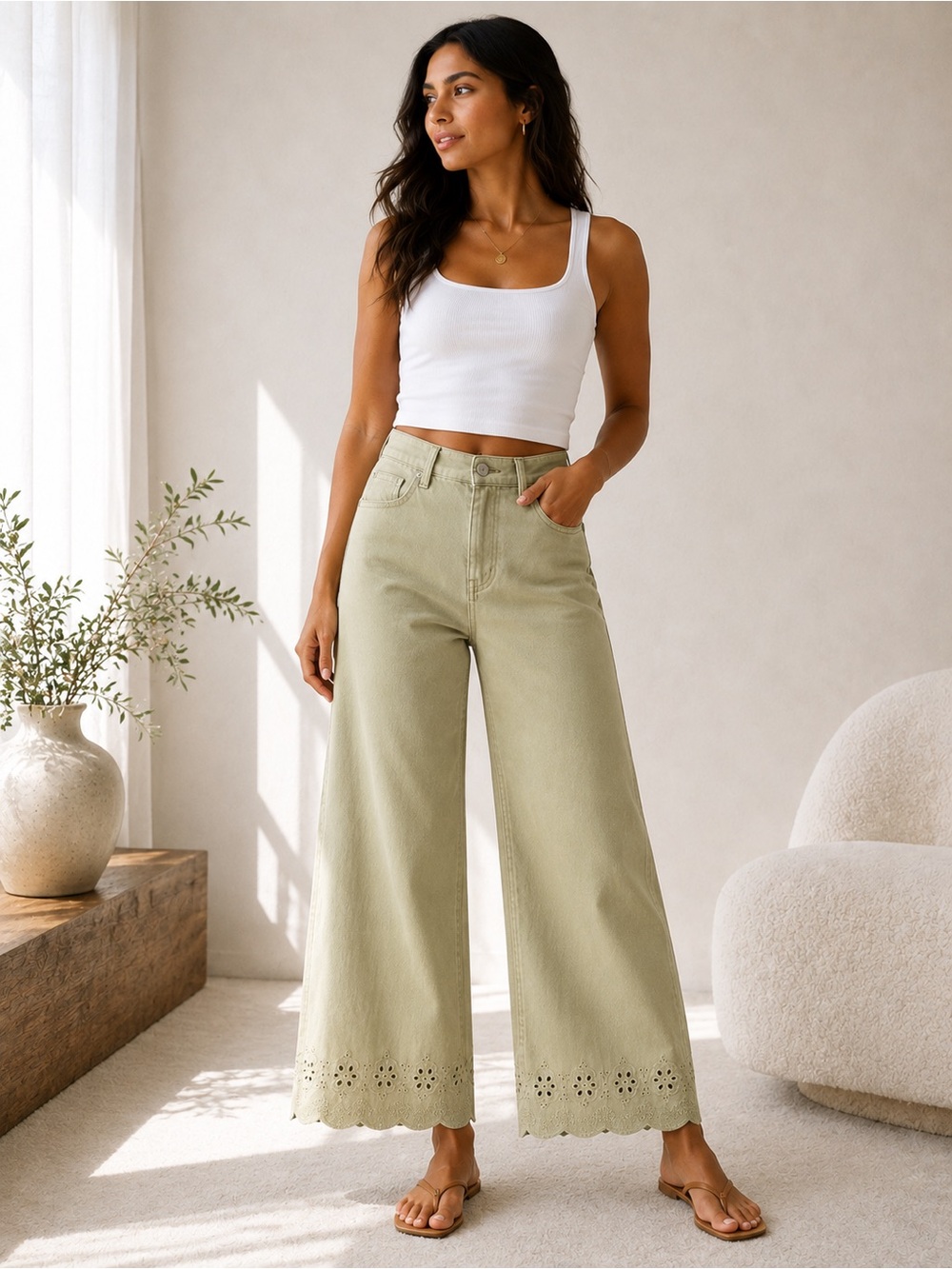 entro Sage Green Wide-Leg Jeans with Eyelet Scalloped Hem Size S 26w